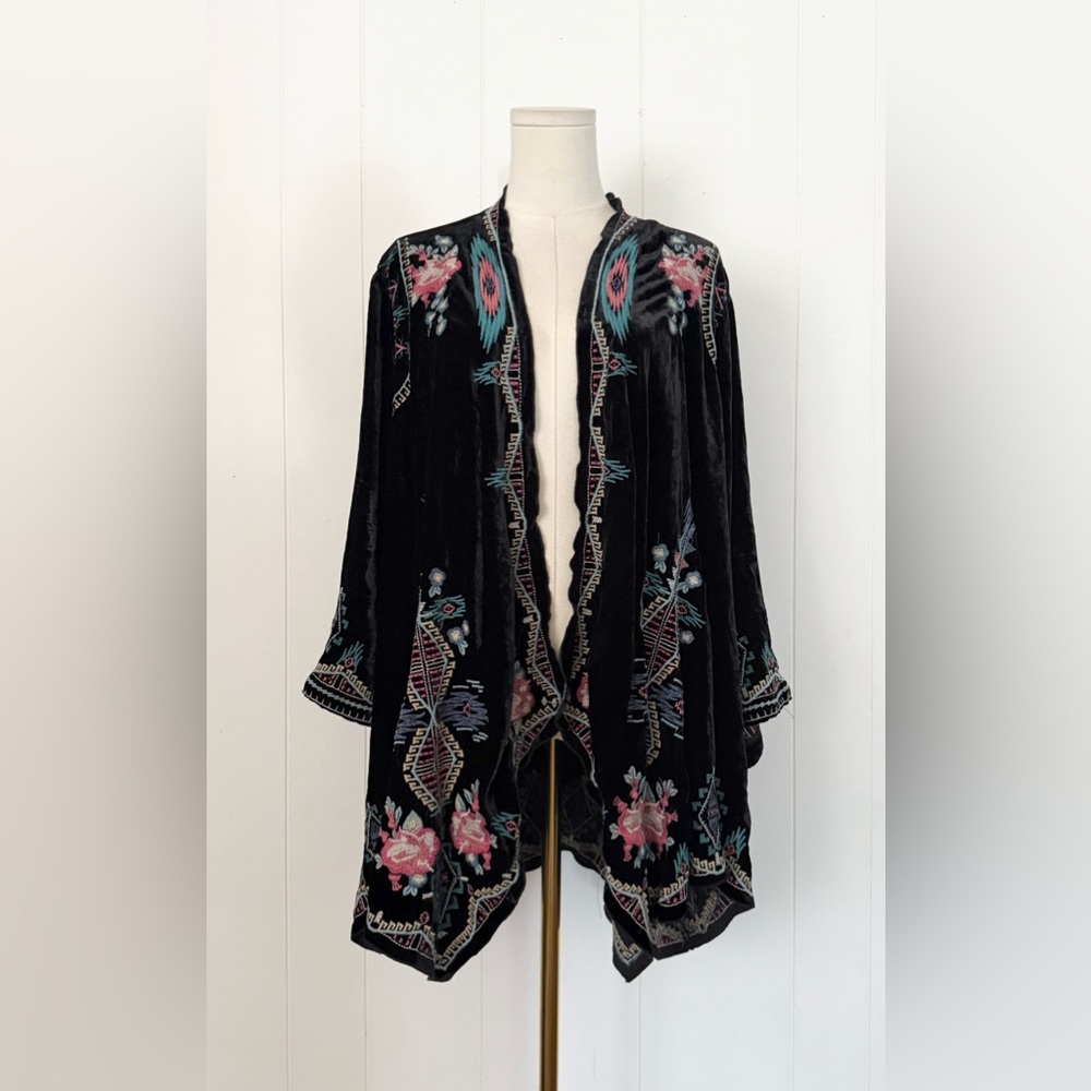 Johnny Was Aveza Black Velvet Kimono Cardigan 2X Silk Blend Bohemian Luxury - Picture 4 of 8